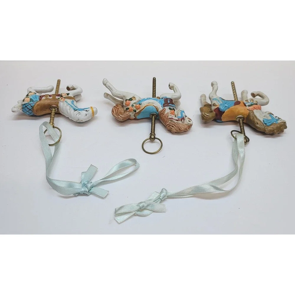 Vintage Ceramic Carousel Horse Ornaments Set of 3 Hand Painted Pastel Gold 4in